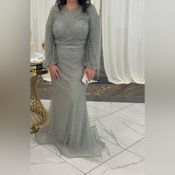 Sage Color Mother of The Bride FULLY PEARLED LONG SLEEVE FIT AND FLARE Gown 0997 - Picture 2 of 2
